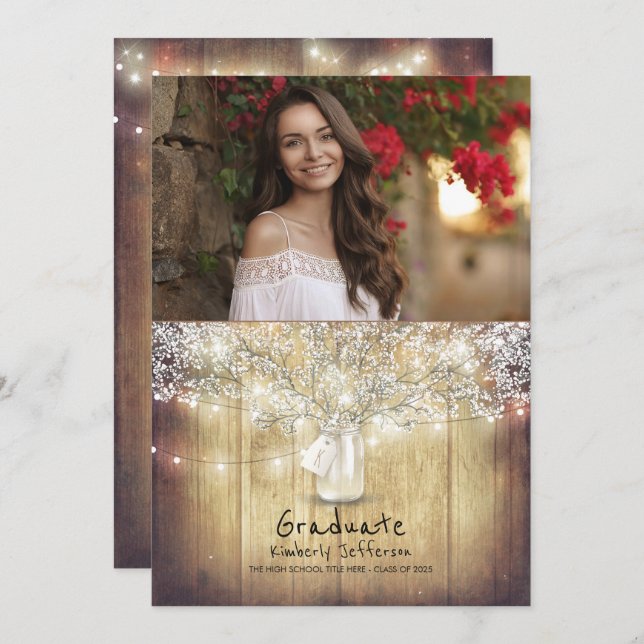 Rustic Blommigt Mason Burk Photo Studentfest Inbjudningar (Fram/baksida)