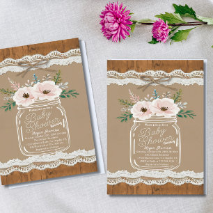 Rustic Blommigt Mason Burk Snöre & Twine Baby Show Inbjudningar