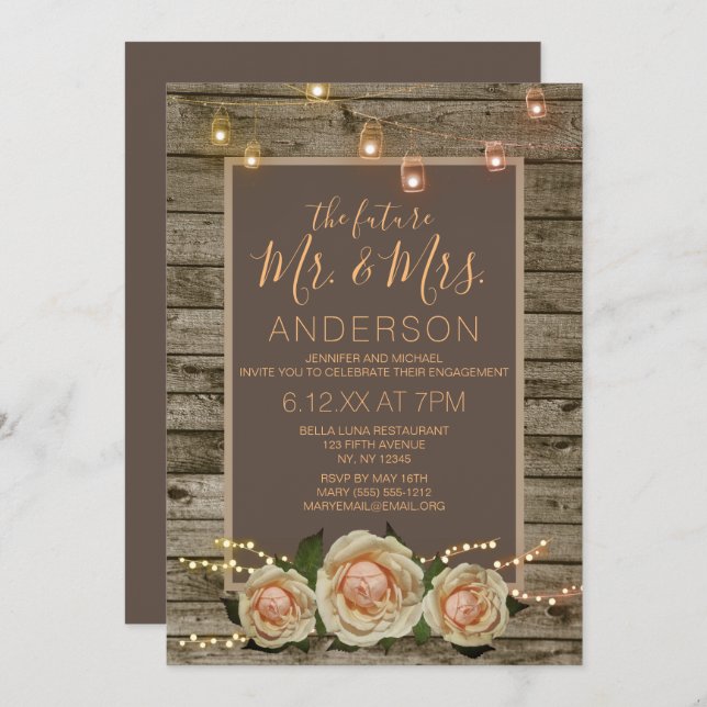 Rustic Blommigt Mason Burk String Light Förlovning Inbjudningar (Fram/baksida)