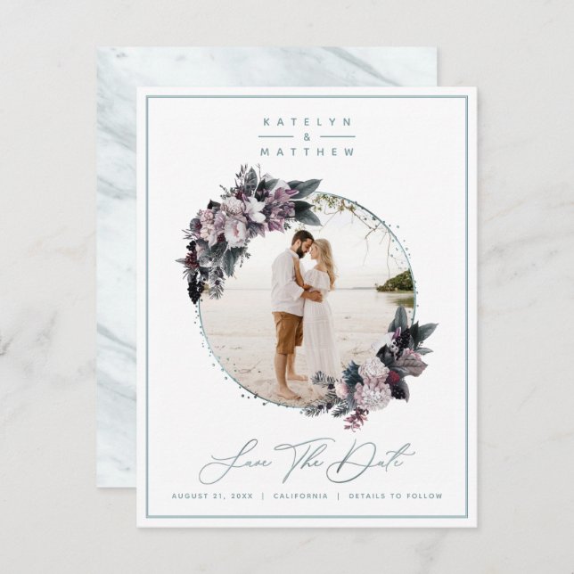 Rustic Blommigt Mint-ramfoto och -kalligrafi Spara Datumet (Fram/baksida)