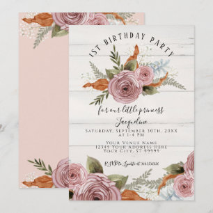 Rustic Blommigt Peony Dusty Rosa 1:a födelsedag Inbjudningar