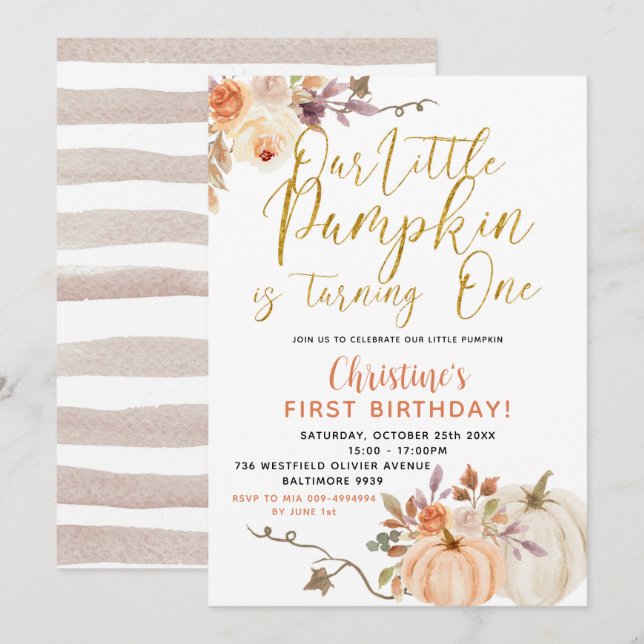 Rustic Blommigt Pumpkin Birthday-inbjudan Inbjudningar (Fram/baksida)