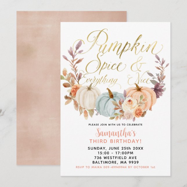 Rustic Blommigt Pumpkin Birthday-inbjudan Inbjudningar (Fram/baksida)