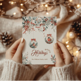 Rustic Blommigt Red Bullfinch Bird Snö jul Julkort