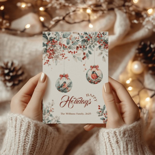 Rustic Blommigt Red Bullfinch Bird Snö jul Julkort (Skapare uppladdad)