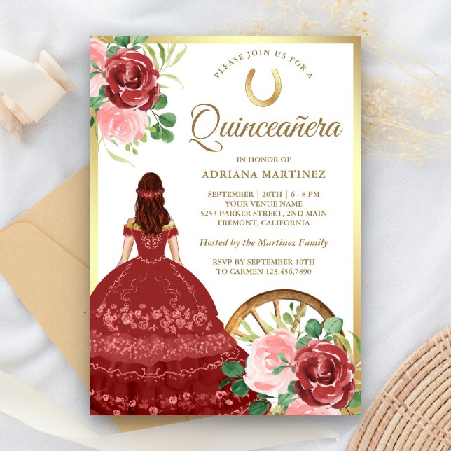 Rustic Blommigt Red Dress Charro Guld Quinceanera Inbjudningar (Skapare uppladdad)