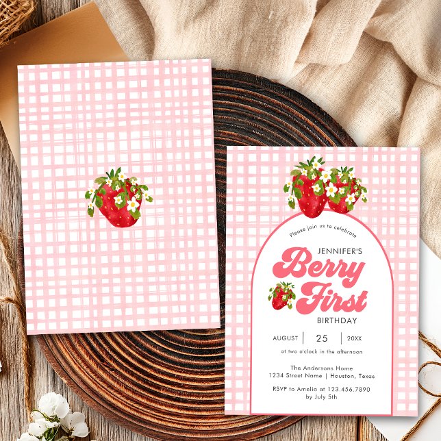 Rustic Blommigt Red Strawberry Berry Första födels Inbjudningar (Skapare uppladdad)