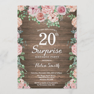 Rustic Blommigt Rosa Peonies Surprise 20:e födelse Inbjudningar