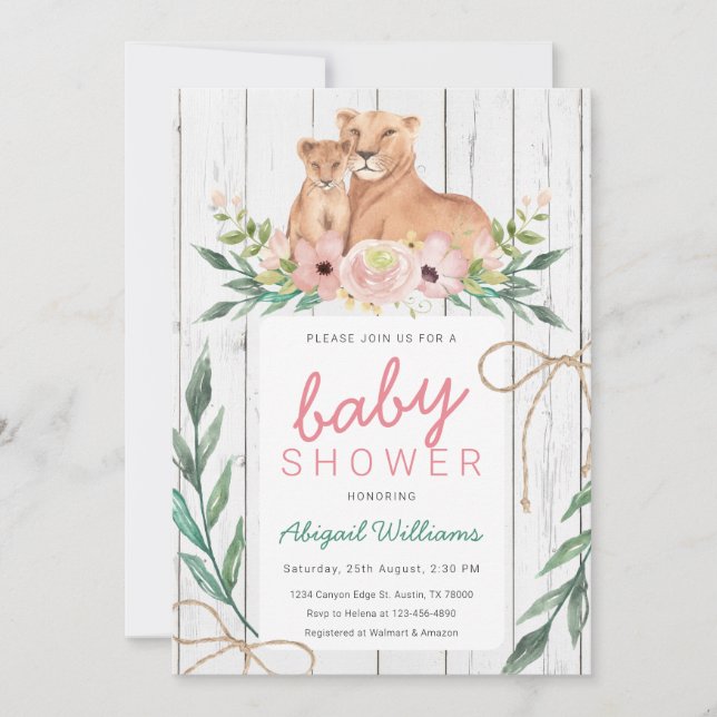 Rustic Blommigt Safari Lejon Family Baby Shower Inbjudningar (Framsida)