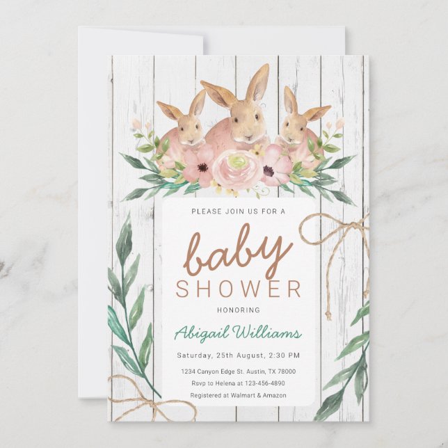 Rustic Blommigt Safari Rabbit Family Baby Shower Inbjudningar (Framsida)