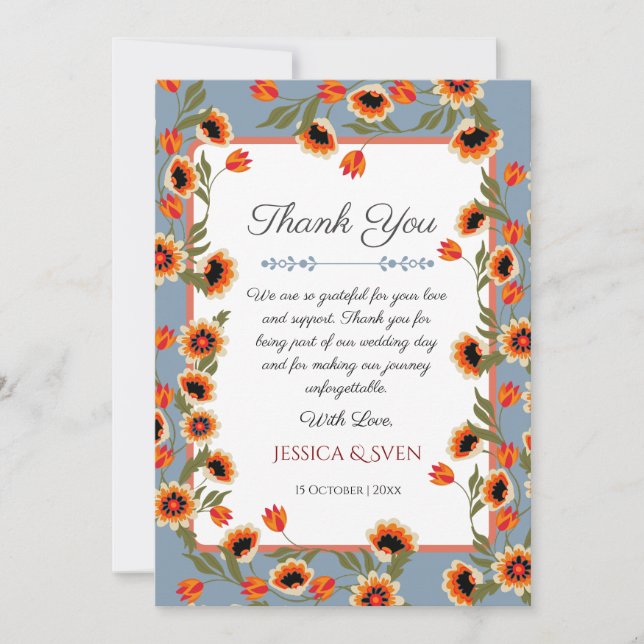 Rustic Blommigt Scandinavian Folk Inspired Bröllop Tack Kort (Framsida)