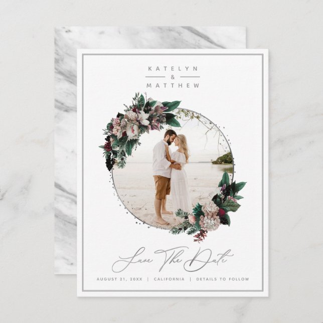 Rustic Blommigt Silver-framfoto och -kalligrafi Spara Datumet (Fram/baksida)