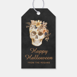 Rustic Blommigt Skull Halloween Presentetikett