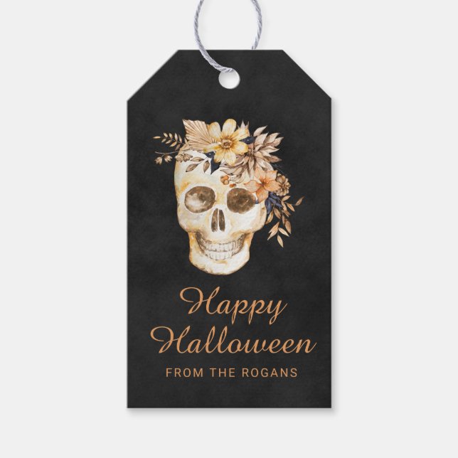 Rustic Blommigt Skull Halloween Presentetikett (Framsidan)