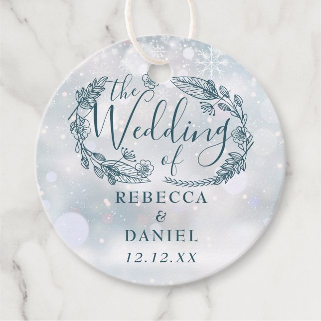 Rustic Blommigt Snöflingor Winter Wedding Gåvor Etiketter (Framsida)