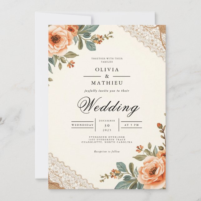 Rustic Blommigt Snöre Bröllop Inbjudningar (Framsida)