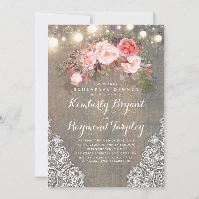 Rustic Blommigt Snöre Ljus Wood Rehearsal Middag Inbjudningar (Framsida)