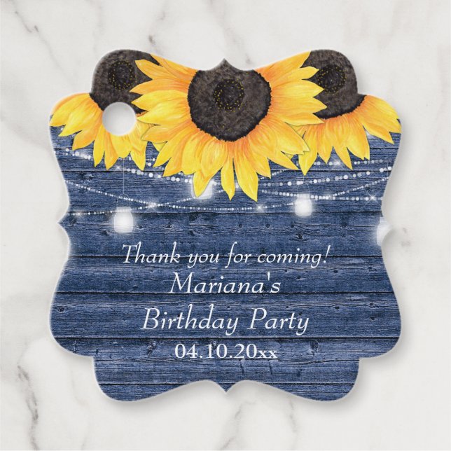 Rustic Blommigt Solblommor Blue Födelsedagsfest Gåvor Etiketter (Framsida)