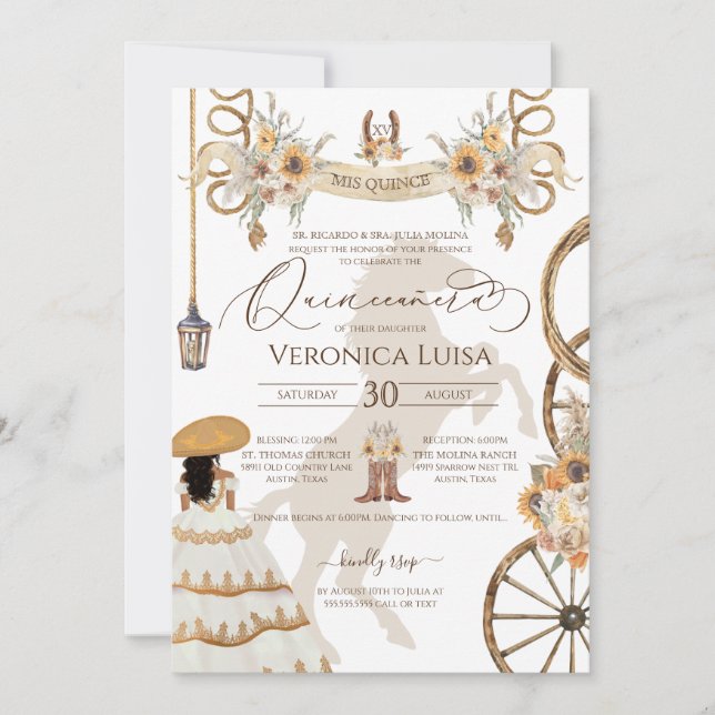 Rustic Blommigt Solros Charro Dress Quinceanera I Inbjudningar (Framsida)
