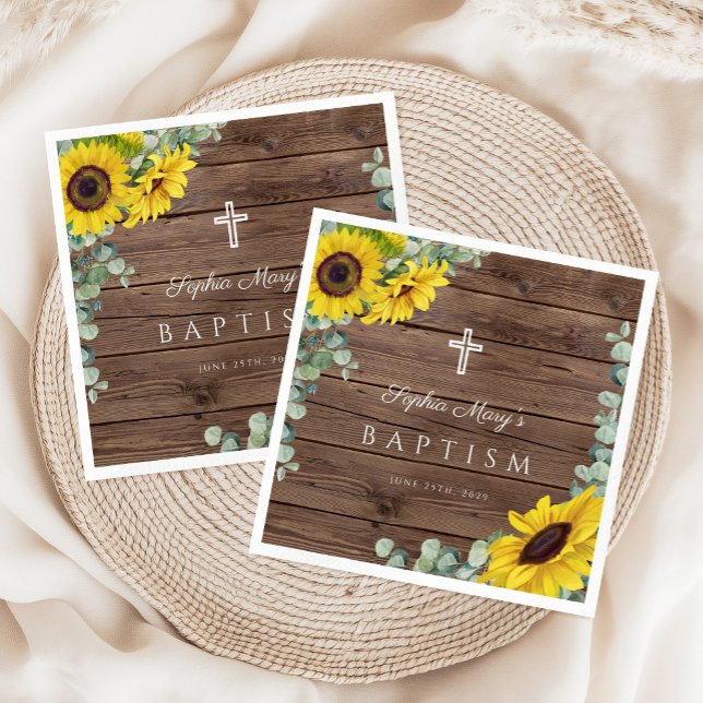 Rustic Blommigt Solros Kor Baptism Pappersservett (Rustic Floral Sunflower Cross Baptism Napkins)