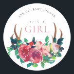 Rustic Blommigt Stag Antlers. Det är en flicka Bab Runt Klistermärke<br><div class="desc">Om du behöver ytterligare anpassningar kan du kontakta mig på yellowfebstudio@gmail.com.</div>