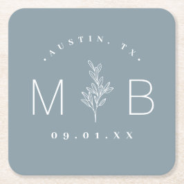Rustic Blommigt Stem Bröllop Monogram | Dusty Blue Underlägg Papper Kvadrat