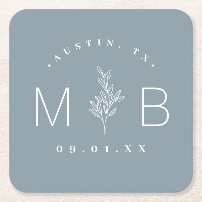 Rustic Blommigt Stem Bröllop Monogram | Dusty Blue Underlägg Papper Kvadrat (Framsidan)
