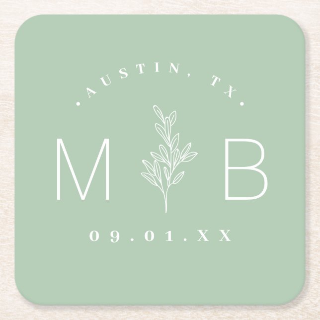 Rustic Blommigt Stem Bröllop Monogram | Försäljnin Underlägg Papper Kvadrat (Framsidan)