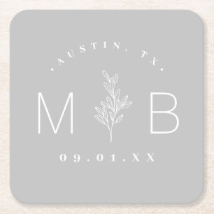 Rustic Blommigt Stem Bröllop Monogram   GRÅTT Underlägg Papper Kvadrat