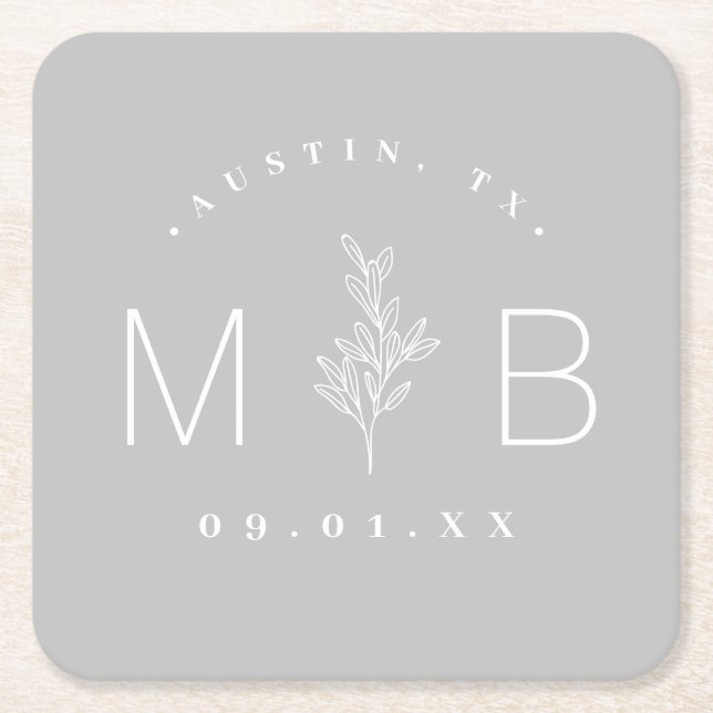 Rustic Blommigt Stem Bröllop Monogram | GRÅTT Underlägg Papper Kvadrat (Framsidan)