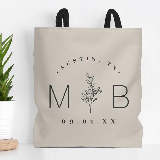 Rustic Blommigt Stem Bröllop Monogram | Light Beig Tygkasse (Skapare uppladdad)