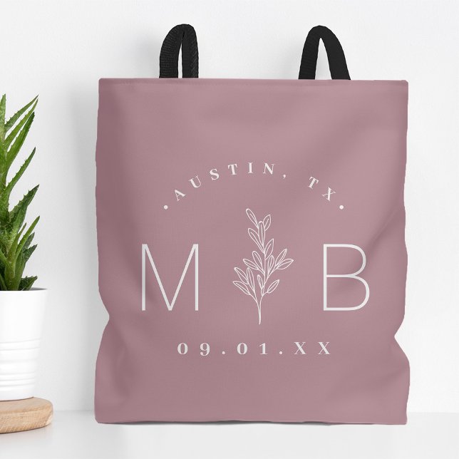 Rustic Blommigt Stem Bröllop Monogram | Mauve Tygkasse (Skapare uppladdad)