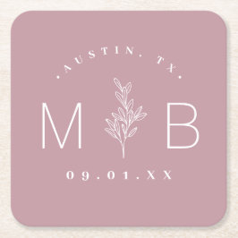 Rustic Blommigt Stem Bröllop Monogram | Mauve Underlägg Papper Kvadrat
