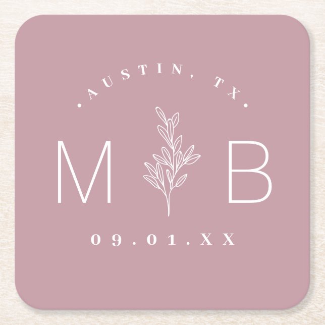 Rustic Blommigt Stem Bröllop Monogram | Mauve Underlägg Papper Kvadrat (Framsidan)