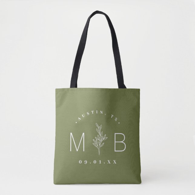 Rustic Blommigt Stem Bröllop Monogram | OLIV GRÖNT Tygkasse (Framsida)