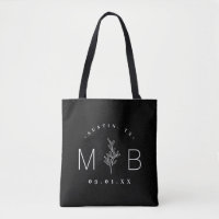 Rustic Blommigt Stem Bröllop Monogram | Svart