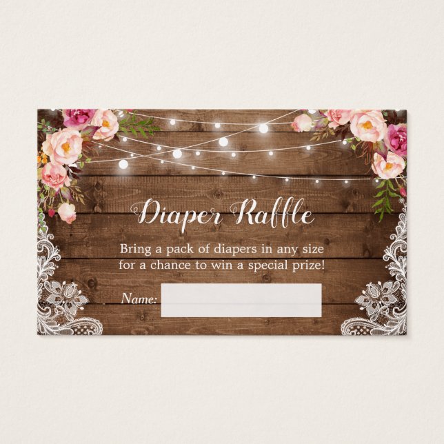Rustic Blommigt String Ljus Snöre Diaper Raffle Visitkort (Framsida)