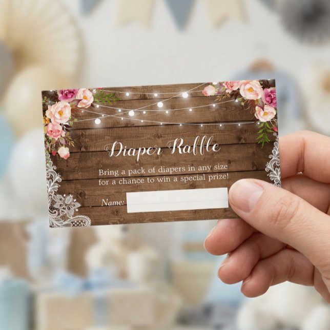 Rustic Blommigt String Ljus Snöre Diaper Raffle Visitkort (Skapare uppladdad)