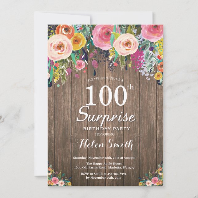 Rustic Blommigt Surprise 100:e födelsedagsinbjudan Inbjudningar (Framsida)