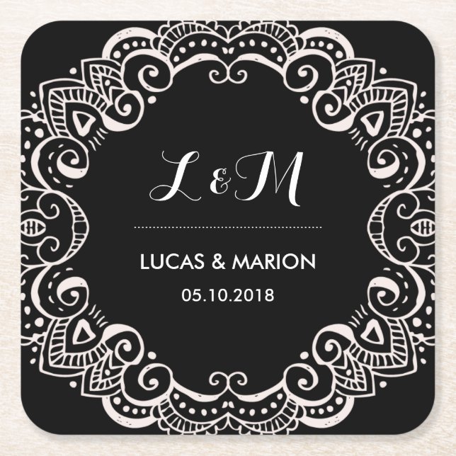 Rustic Blommigt Swirl Art Ornament Bröllopsfest Underlägg Papper Kvadrat (Framsidan)