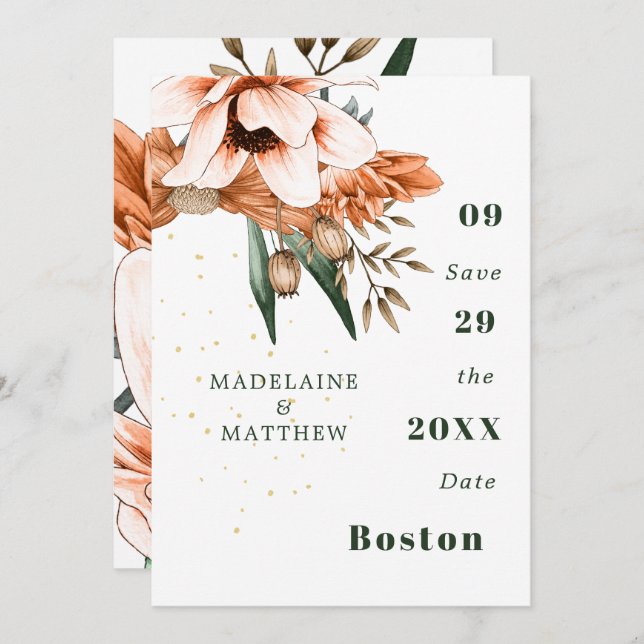 Rustic Blommigt Terracotta Guld Elegant Chic Spara Datumet (Fram/baksida)