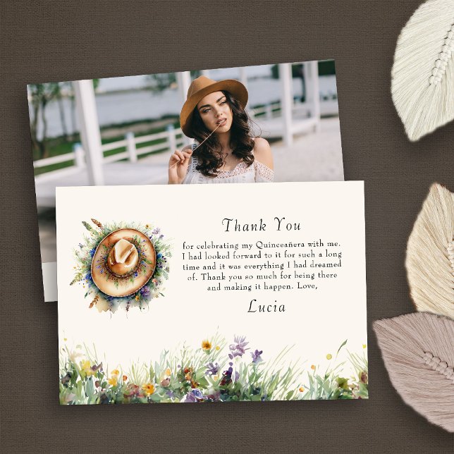 Rustic Blommigt Wildblomcowgirl Photo Tack Kort (Photo Thank You Card from my Wildflower Cowgirl Hat Quinceanera Collection
)