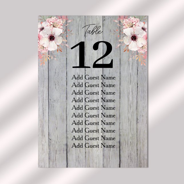 Rustic Blommigt Wood Bordsnummer Sittdiagram (Stylishly Personalize with Your Custom Table Number & Guest Names.)