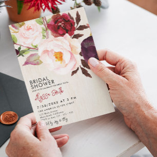 Rustic Blommigt Wood Marsala Burgundy Möhippa Inbjudningar
