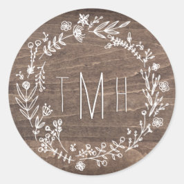 Rustic Blommigt Wood Monogram Sticker Runt Klistermärke