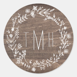 Rustic Blommigt Wood Monogram Sticker Runt Klistermärke