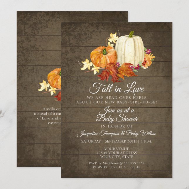 Rustic Blommigt Wood n Pumpkins Girl Baby Shower Inbjudningar (Fram/baksida)