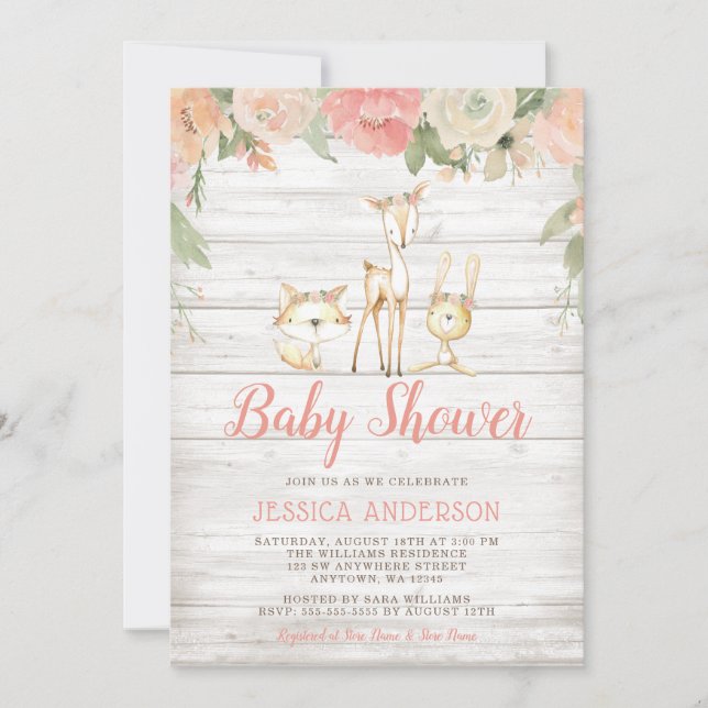 Rustic Blommigt Woodland Animals Girl Baby Shower Inbjudningar (Framsida)