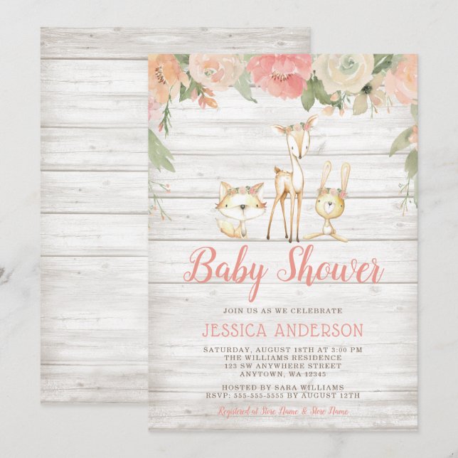 Rustic Blommigt Woodland Animals Girl Baby Shower Inbjudningar (Fram/baksida)
