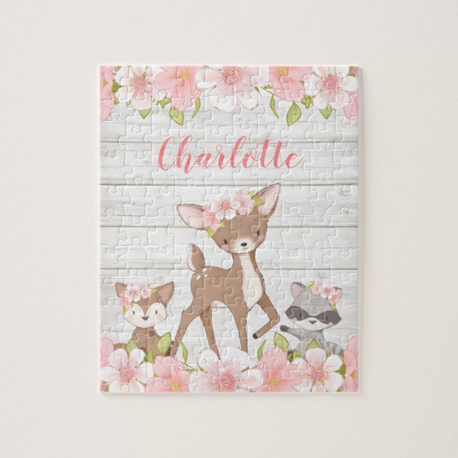Rustic Blommigt Woodland Animals Personlig Kids Pussel (Vertikal)